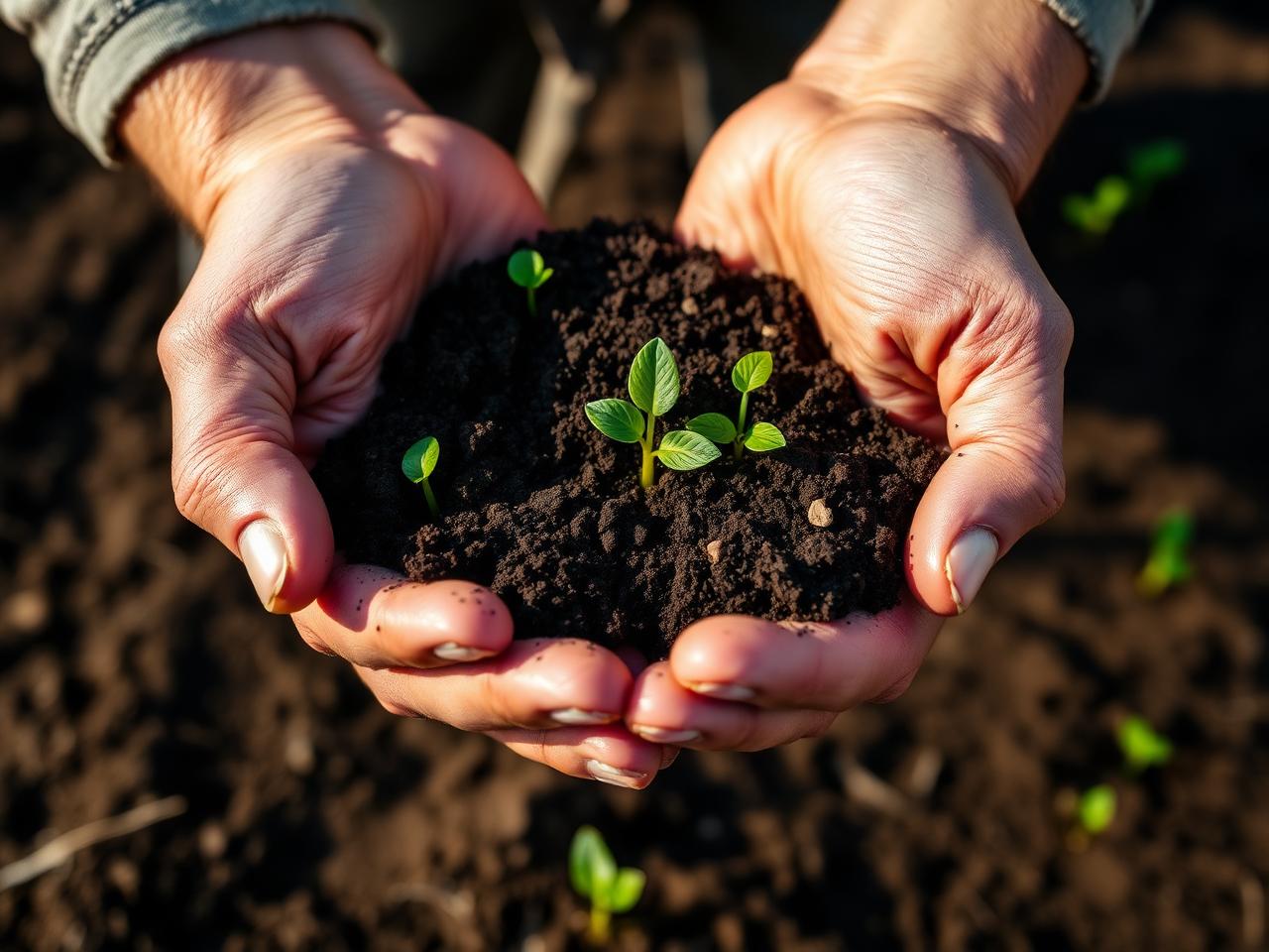Mãos com terra fértil e mudas